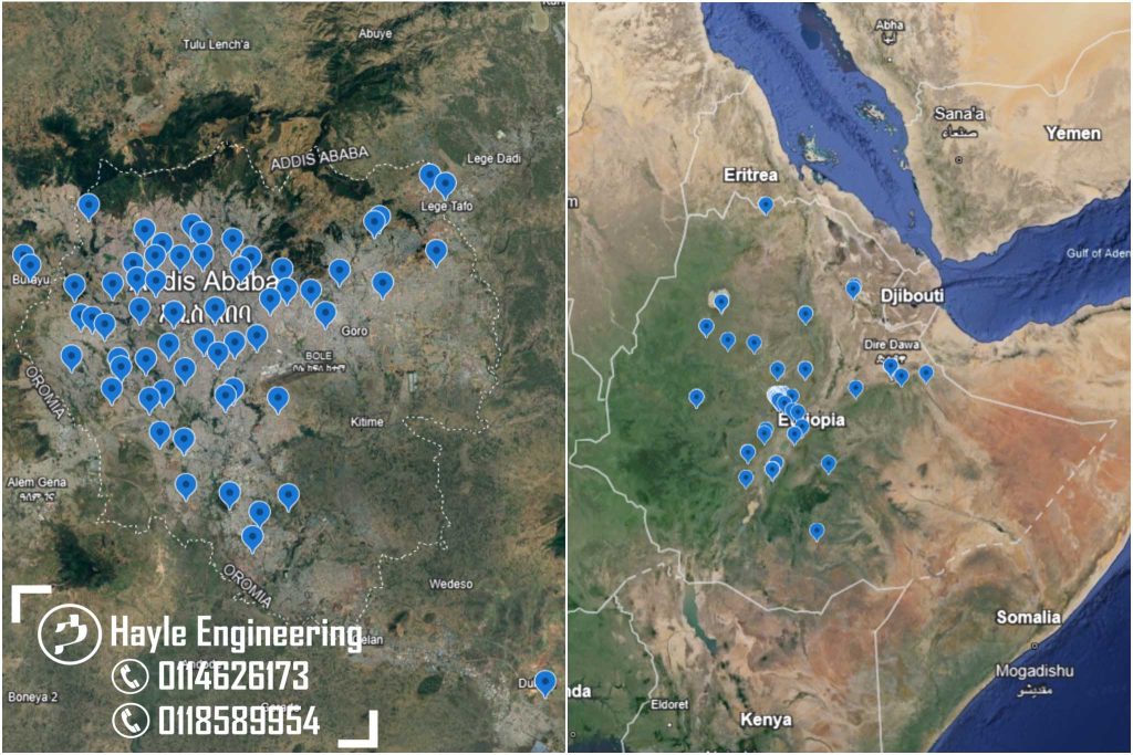 በ አዲስ አበባ እንዲሁም በ ኢትዮጵያ ልዩ ልዩ ቦታዎች ድርጅታችን ኃይሌ እንጅነሪንግ ያመረታቸው ማሽኖች መገኛ የሚያሳይ ካርታ | A map showing the location of machines in Addis Ababa and Ethiopia that are manufactured by our company, Hayle Engineering.
#Hayle_engineering #Ethiopia #Addis_Ababa #Machines #Location